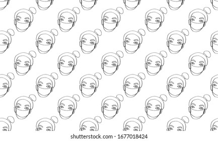 Vector line image of people wearing medical masks protecting themselves from the virus. Coronavirus covid-19 epidemic seamless pattern. Flash of influenza. Crowd of people.