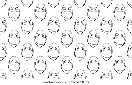 Vector line image of people wearing medical masks protecting themselves from the virus. Coronavirus covid-19 epidemic seamless pattern. Flash of influenza. Crowd of people.