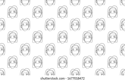 Vector line image of people wearing medical masks protecting themselves from the virus. Coronavirus covid-19 epidemic seamless pattern. Flash of influenza. Crowd of people.