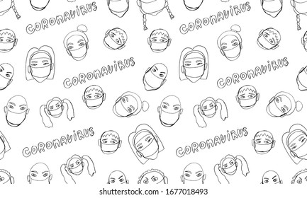 Vector line image of people wearing medical masks protecting themselves from the virus. Coronavirus covid-19 epidemic seamless pattern. Flash of influenza. Crowd of people.