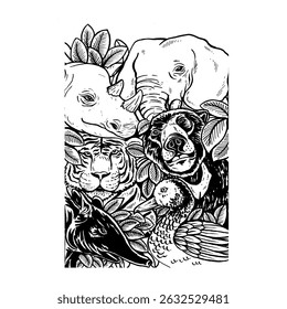 imagens de linhas vetoriais de animais como elefantes, ursos, tigres, cisnes, rinocerontes, antas