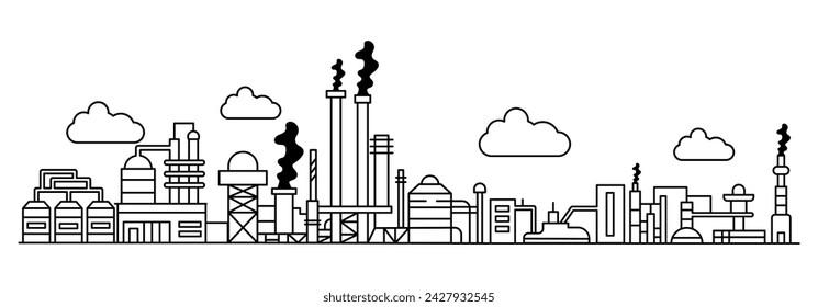 Vector line industry building. Illustration construction business factory desig and warehouse industrial. Drawing exterior manufacturing