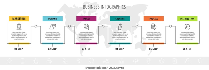 Etiqueta de plantilla de infografía de línea de vector para seis etiquetas de rectángulo coloridas. Concepto de negocio con 6 elementos e iconos. Espacio en blanco moderno para gráfico, contenido, paso a paso, línea de tiempo, diagrama, web