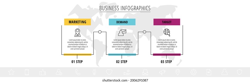 Vector Line Infographic Template Label For Three Colorful Rectangle Labels. Business Concept With 3 Elements And Icons. Modern Blank Space For Chart, Content, Step For Step, Timeline, Diagram, Web