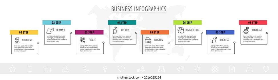 Infografik-Vorlagenetikett für acht farbige Rechteck-Etiketten. Geschäftskonzept mit 6 Elementen und Symbolen. Modernes Leerzeichen für Diagramm, Inhalt, Schritt für Schritt, Zeitstrahl, Diagramm, Web