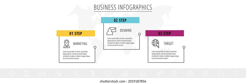 Vector line infographic template label for three colorful rectangle labels. Business concept with 3 elements and icons. Modern blank space for chart, content, step for step, timeline, diagram, web