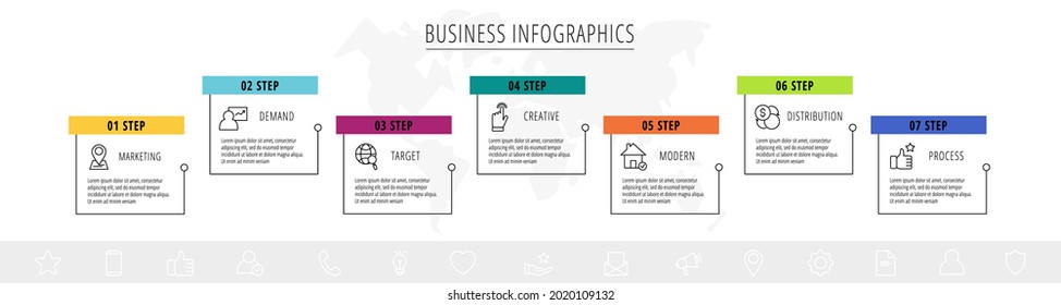 Vector line infographic template label for seven colorful rectangle labels. Business concept with 6 elements and icons. Modern blank space for chart, content, step for step, timeline, diagram, web