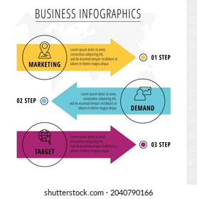 Vector line infographics template for 3 colorful arrows and circles. Business concept with three elements and icons. Modern blank space for chart, content, step for step, timeline, diagram, web