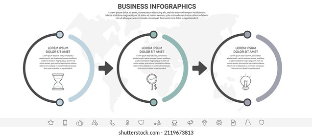Vector line infographics template for 3 colorful arrows and circles. Business concept with three elements and icons. Modern blank space for chart, content, step for step, timeline, diagram, web