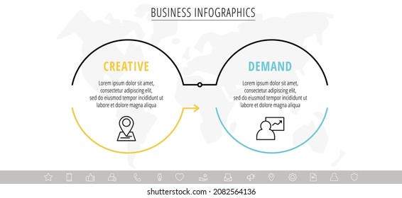 Vector line infographics template for two colorful arrows and circles. Business concept with 2 elements and icons. Modern blank space for chart, content, step for step, timeline, diagram, web