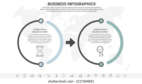 Vector line infographics template for two colorful arrows and circles. Business concept with 2 elements and icons. Modern blank space for chart, content, step for step, timeline, diagram, web