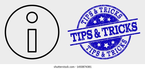 Vector line information pictogram and Tips & Tricks seal stamp. Blue rounded scratched seal stamp with Tips & Tricks title. Black isolated information icon in outline style.
