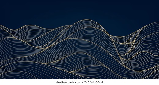 Vector line japanese art, mountains background, landscape dessert texture, wave pattern illustration. Golden minimalist drawing