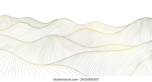 Vector line japanese art, mountains background, landscape dessert texture, wave pattern illustration. Golden minimalist drawing