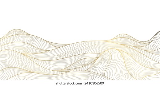 Vector line japanese art, mountains background, landscape dessert texture, wave pattern illustration. Golden minimalist drawing svg