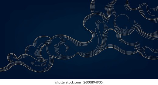 Vector line japanese pattern, golden cloud on dark blue background. Wave art, chinese ornament, elegant sky frame. Vintage swirl curve backdrop. 