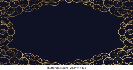 Vector line japanese pattern, golden cloud on dark blue background. Wave art, chinese ornament, elegant sky frame. Vintage swirl curve backdrop.