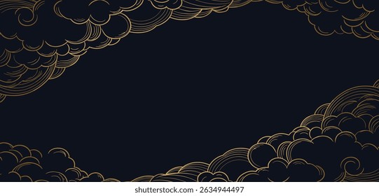 Padrão japonês de linha de vetor, nuvem dourada no plano de fundo azul escuro. Arte de onda, ornamento chinês, moldura de céu elegante. Fundo de curva de espiral vintage.