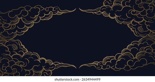 Vector line japanese pattern, golden cloud on dark blue background. Wave art, chinese ornament, elegant sky frame. Vintage swirl curve backdrop.