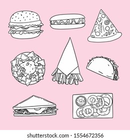 vector line junk food, delicious foods, food clipart, fast food