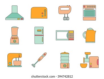 Vector line kitchen appliances icon. Simple flat style of kitchen interior design. Apartment kitchen appliances object. Indoor kitchen design: miser, blender, steamer, toaster and other appliances