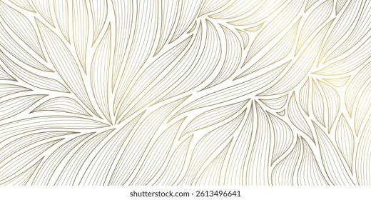 Vector line leaves art deco gold on white pattern, leaf floral abstract wallpaper, nouveau elegant vintage background. Fancy botanical texture