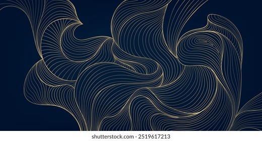 Vektor Linie Blätter Tapete, Gold auf dunklen japanischen Illustration, wellige Blumendekoration. Premium Blume abstraktes Design, Dschungelmuster