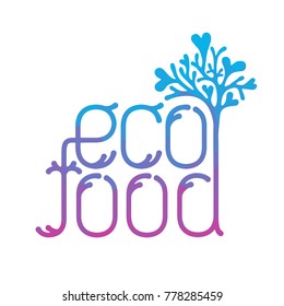 Vector line lettering for vegan menu of restaraunt, cafe or product. Eco food sticker with tree and hearts. 