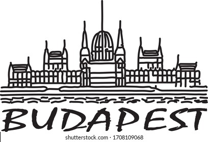 Vector line logo of Budapest with parliament building and Danube river