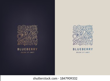 Vector line logo design template leaves and blueberries. Nature badge for holistic medicine centers, natural and organic food products