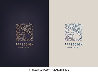 Vector line logo design template leaves and apples. Nature badge for holistic medicine centers, natural and organic food products