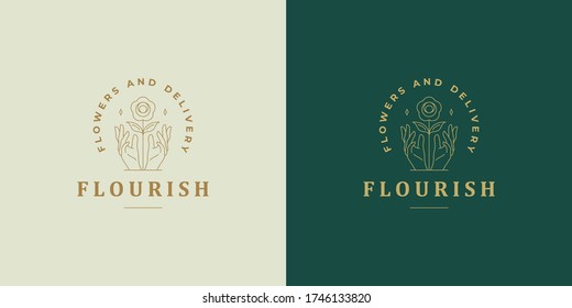 Emblem-Design-Vorlage für Vektorgrafiken - weibliche Gesten, Hände und Rosenblütenillustrationen einfach minimaler linearer Stil. Rahmengrafiken für Kosmetologie-Branding und Frisuren-Salon.