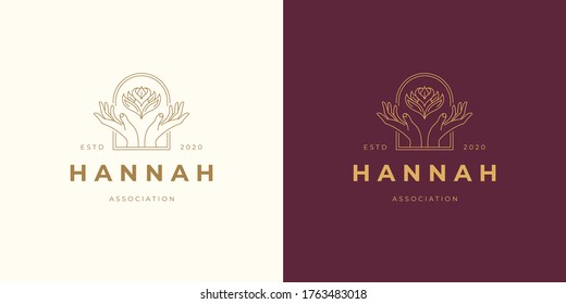 Vector line logo emblem design template - female gesture hands and rose flower illustrations simple minimal linear style. Outline graphics for cosmetology branding and hairstyles salon.