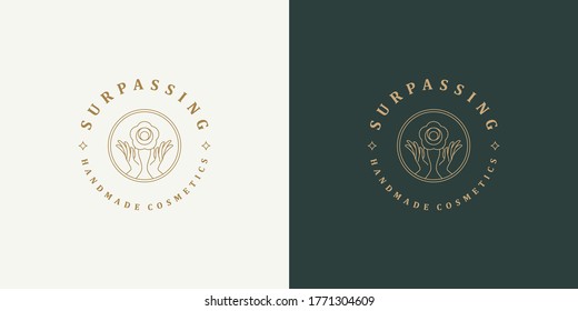 Plantilla de diseño del emblema del logotipo de la línea de vectores - manos de gestos hembras e ilustraciones de flores de rosa de estilo simple mínimo lineal. Gráficos de contorno para el salón de estampado de cosmetología y peinados.