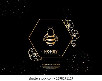 Vector line logo with gold honeybee and flowers for company, label isolated on black background.