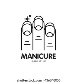 Vector line logo with the image of beautiful nails and sparkling highlights, symbolizing purity and care. It can be used for manicure salon or web icon.