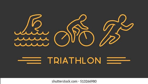 Vector line logo triathlon. Figures triathletes on black background. Swimming, cycling and running symbol.