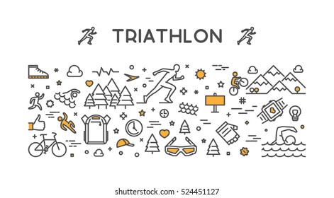 Vector line logo triathlon. Figures triathletes on white background. Swimming, cycling and running symbol.