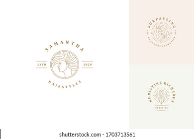 Vector line logos emblems design templates set - female face and gesture hands illustrations simple minimal linear style. Outline graphics for cosmetology branding and hair salon.