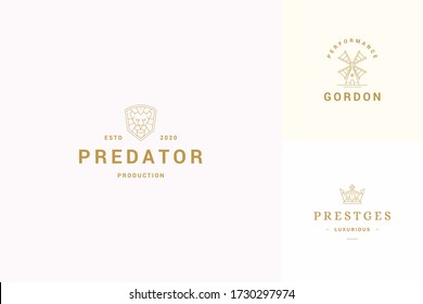 Vector line logos emblems design templates set - lion head and crown illustrations simple minimal linear style. Outline graphics for luxury branding.