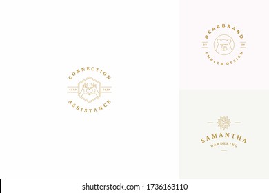 Vector line logos emblems design templates set - female gesture hands illustrations simple minimal linear style. Outline graphics for charity branding and flowers shop.