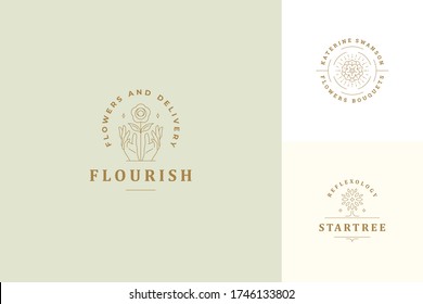 Vector line logos emblems design templates set - female gesture hands and rose flower illustrations simple minimal linear style. Outline graphics for cosmetology branding and flowers shop.