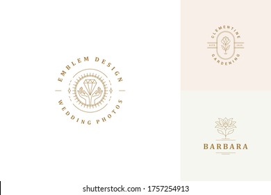 Vector line logos emblems design templates set - female gesture hands and flowers illustrations simple minimal linear style. Outline graphics for cosmetology branding and nails salon.