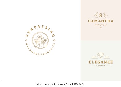 Vector Line Logos Emblems Design Templates Set - Female Gesture Hands And Rose Flower Illustrations Simple Minimal Linear Style. Outline Graphics For Cosmetology Branding And Flowers Shop.