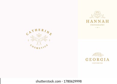 Vector line logos emblems design templates set - female gesture hands illustrations simple minimal linear style. Outline graphics for cosmetology branding and flowers shop.