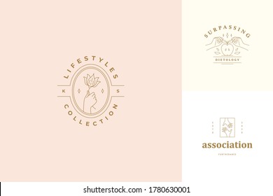 Vector line logos emblems design templates set - female gesture hands and flower illustrations simple minimal linear style. Outline graphics for cosmetology branding and flowers shop.