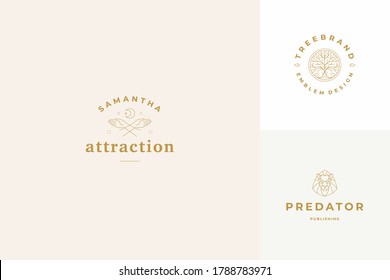 Vector line logos emblems design templates set - female gesture hands illustrations simple minimal linear style. Outline graphics for cosmetology branding.