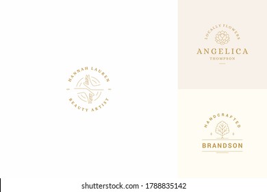 Vector line logos emblems design templates set - female gesture hands and rose illustrations simple minimal linear style. Outline graphics for cosmetology branding and flowers shop.