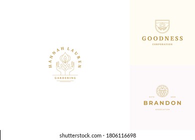 Vector line logos emblems design templates set - female gesture hands illustrations simple minimal linear style. Outline graphics for beauty branding and flowers shop.