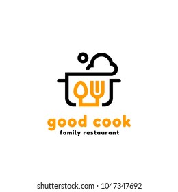 Vector line logotype of pan with steam, spoon and fork. Logo concept for kitchen and restaurants.